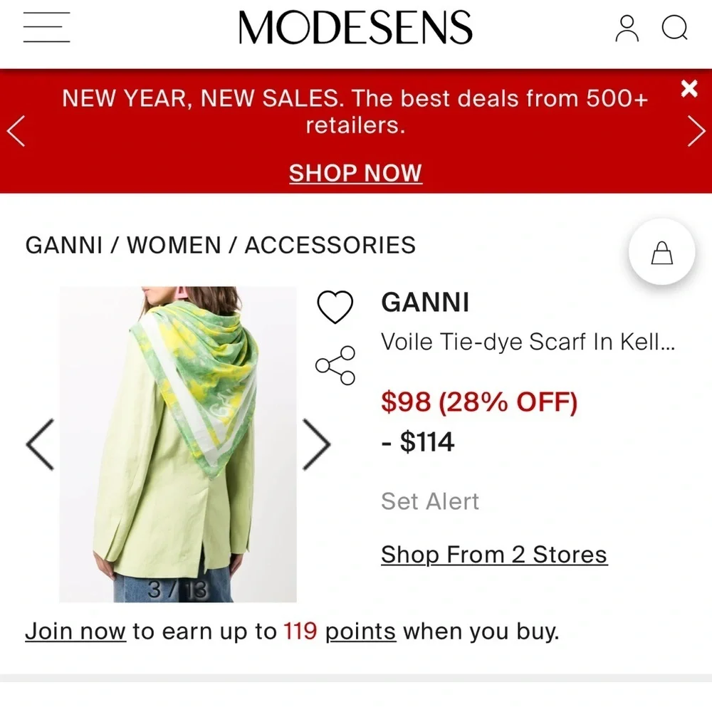 NWT Ganni Tie-dye Voile Scarf organic cotton green and yellow​